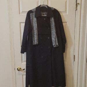 Lord & Taylor Black Double-Breasted Trench Coat with Plaid Scarf